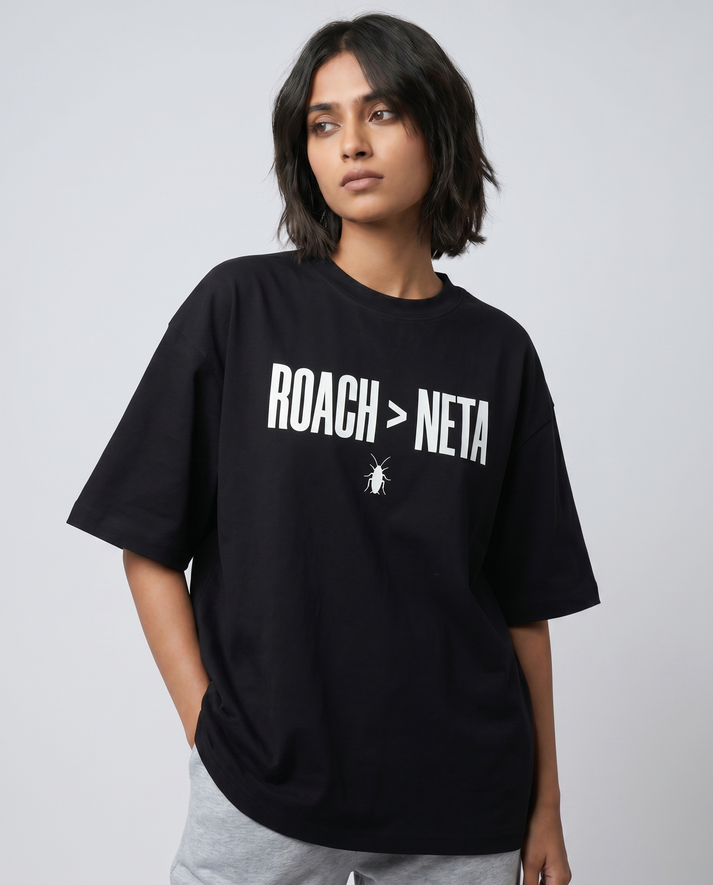 ROACH > NETA โ Oversized Black Tee | Cockroach Janta Party