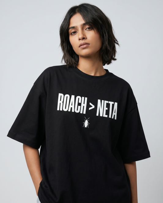 ROACH > NETA — Oversized Black Tee | Cockroach Janta Party