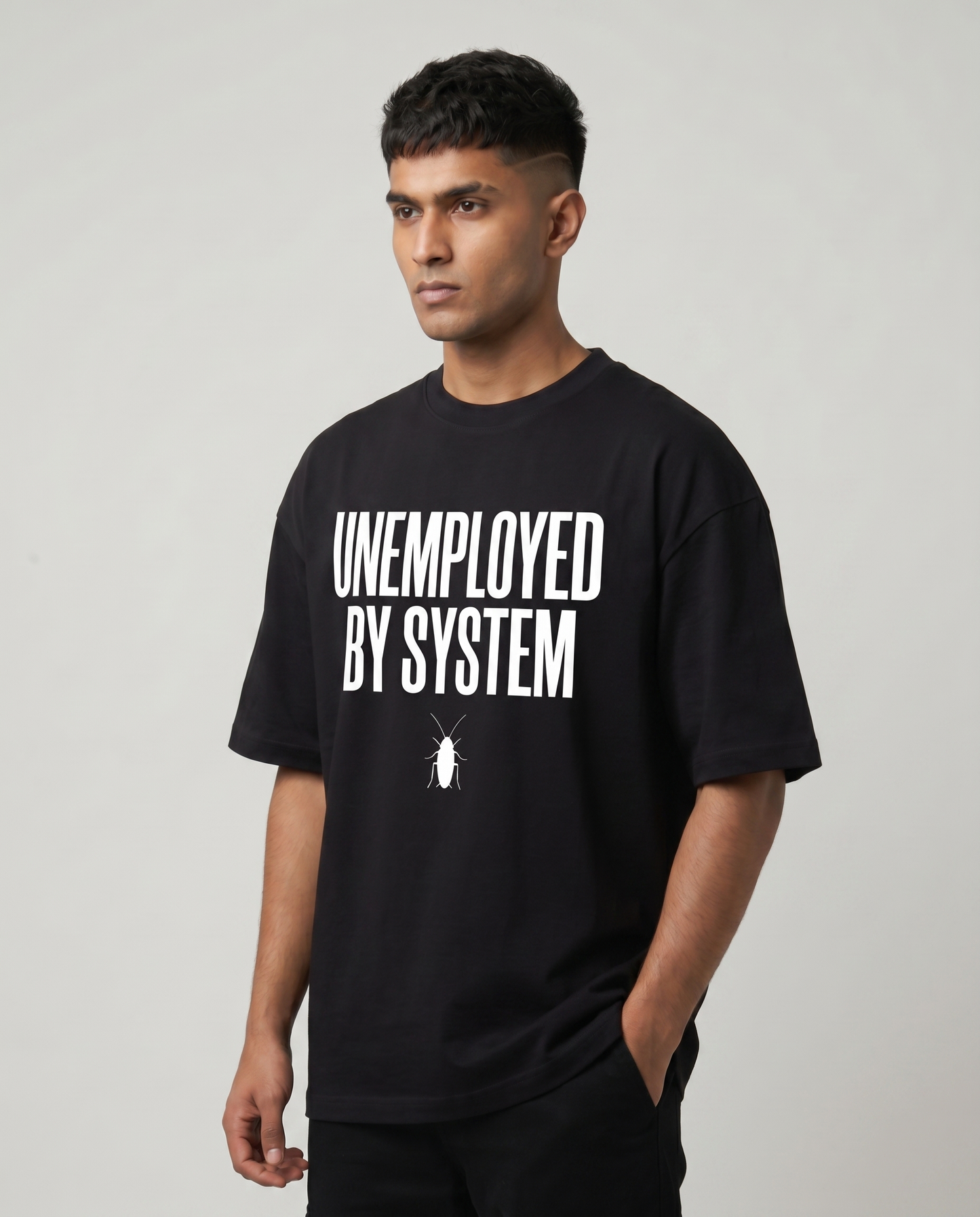 UNEMPLOYED BY SYSTEM — Oversized Black Tee | Cockroach Janta Party
