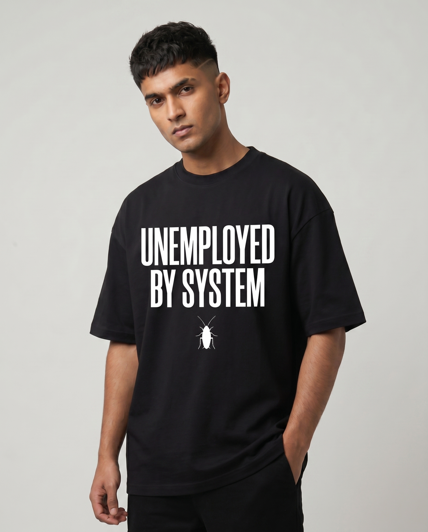 UNEMPLOYED BY SYSTEM — Oversized Black Tee | Cockroach Janta Party