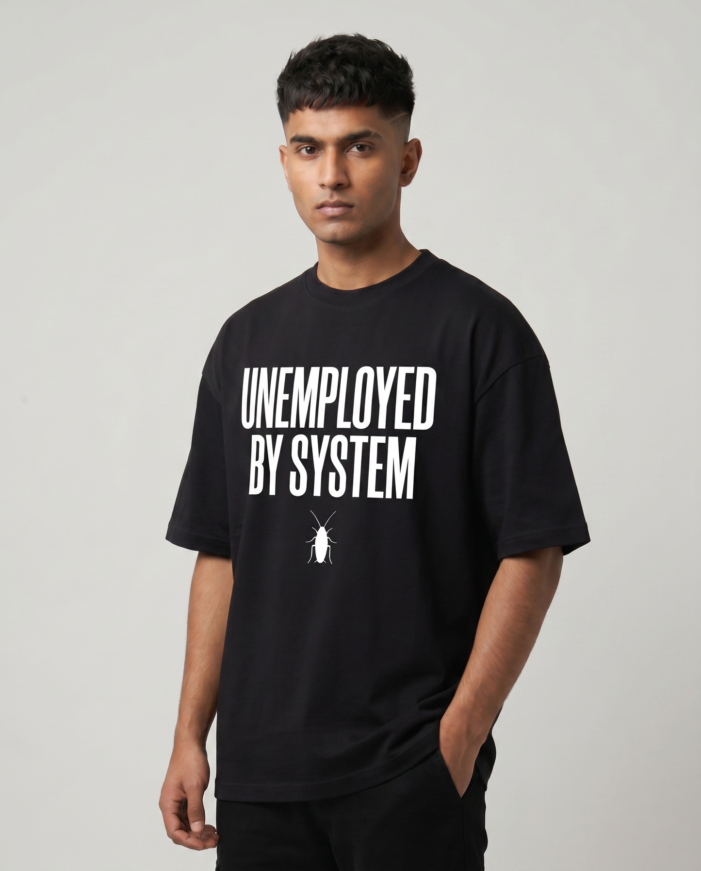 UNEMPLOYED BY SYSTEM — Oversized Black Tee | Cockroach Janta Party