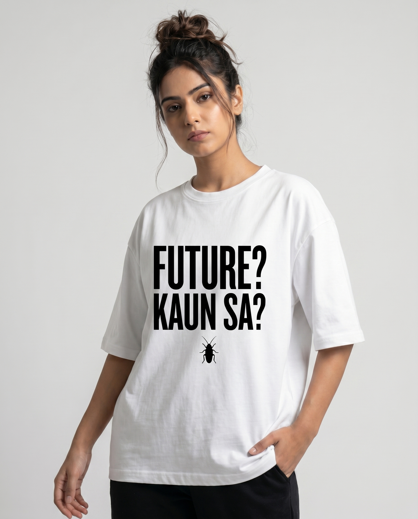FUTURE? KAUN SA? — Oversized White Tee | Cockroach Janta Party