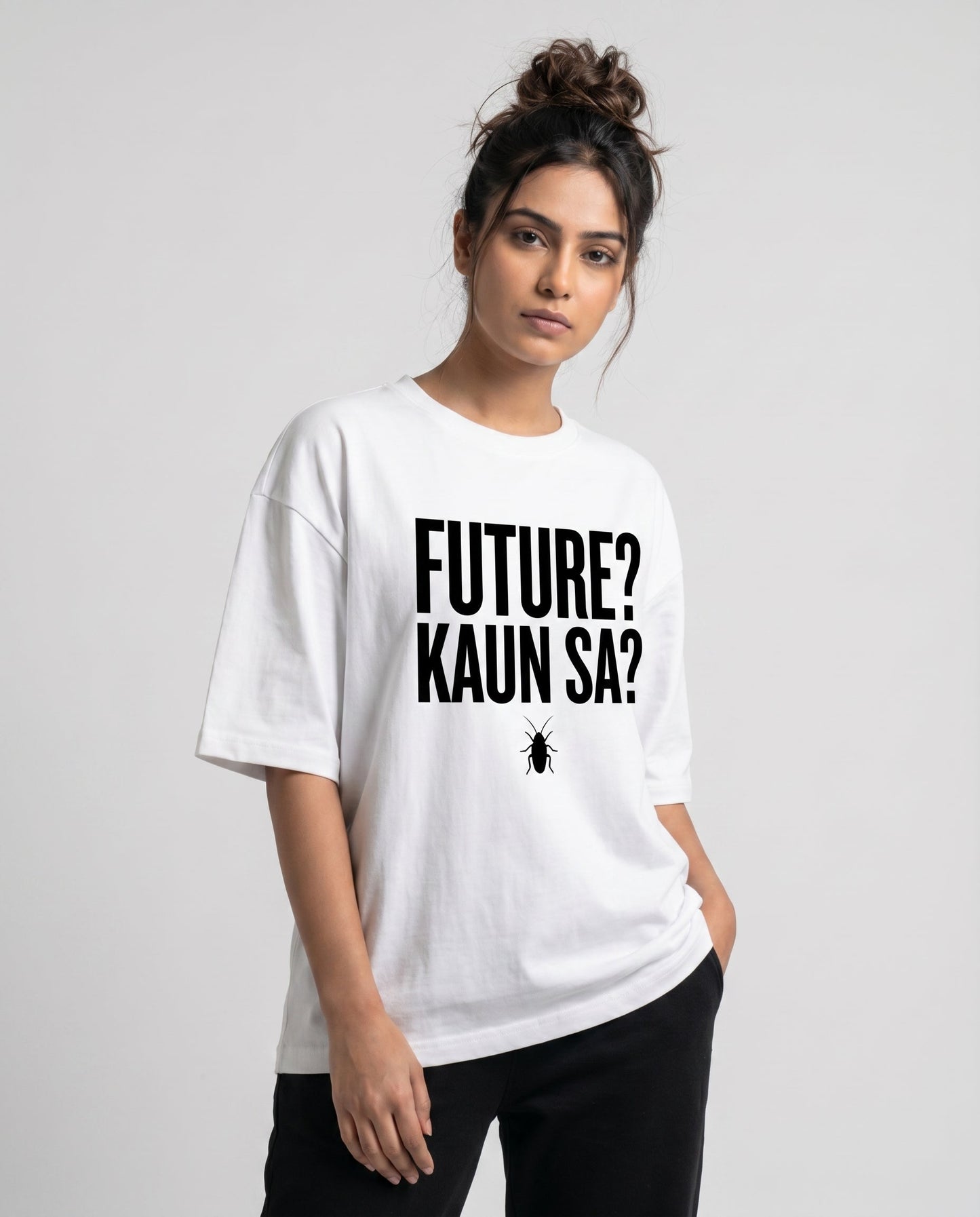 FUTURE? KAUN SA? — Oversized White Tee | Cockroach Janta Party