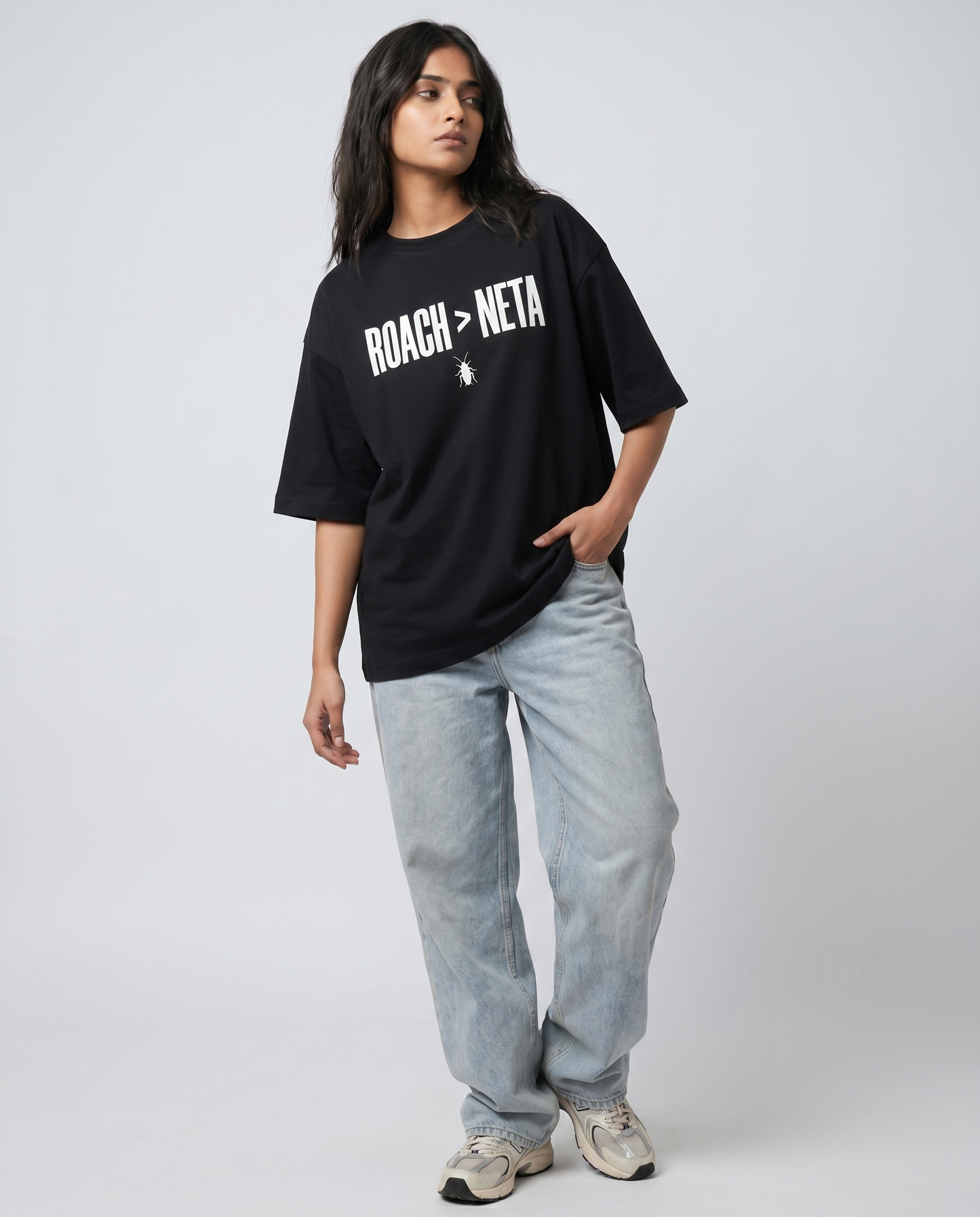 ROACH > NETA — Oversized Black Tee | Cockroach Janta Party