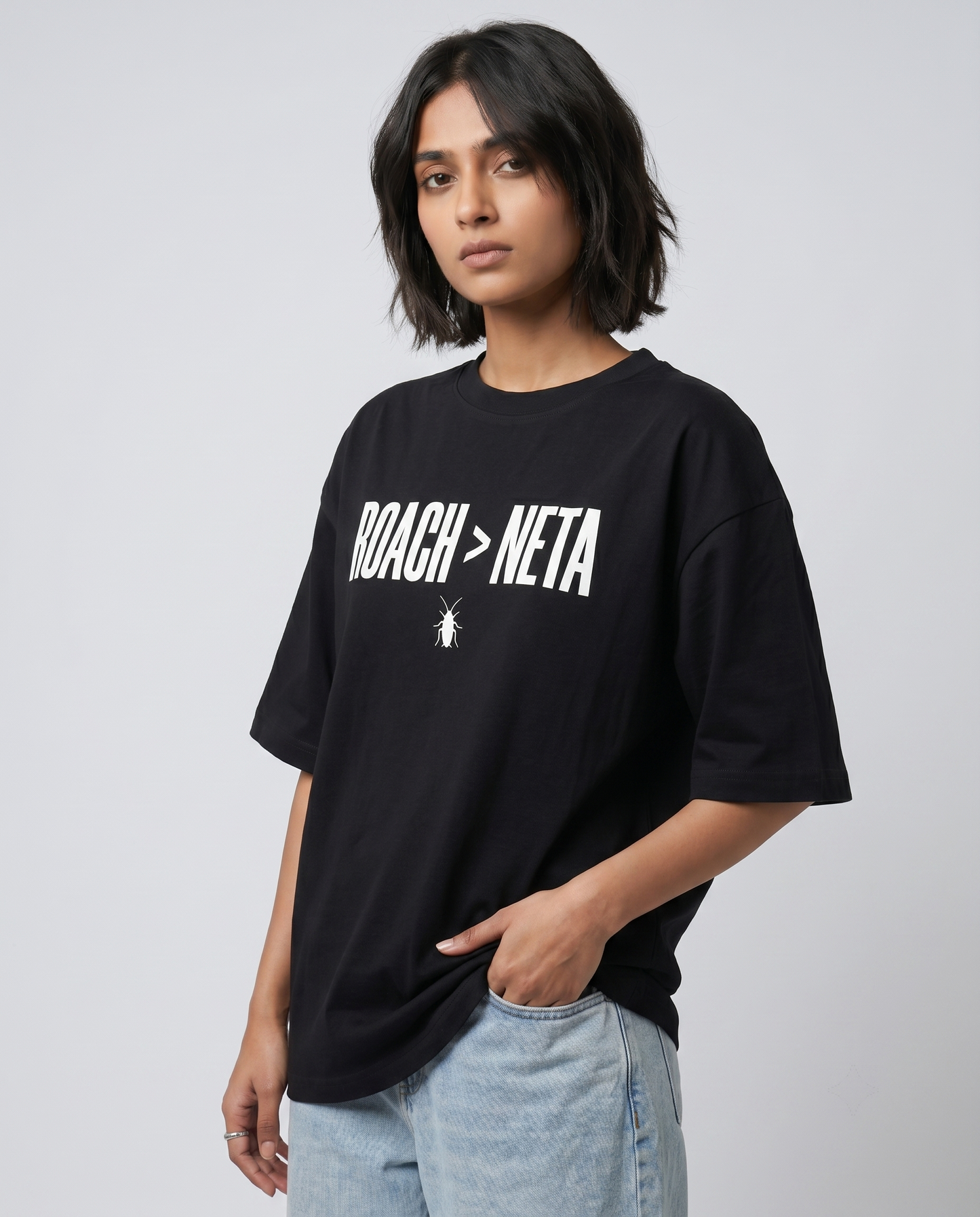 ROACH > NETA — Oversized Black Tee | Cockroach Janta Party